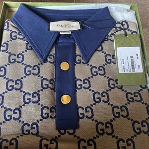 Gucci Men's Navy and Beige Polo Shirt